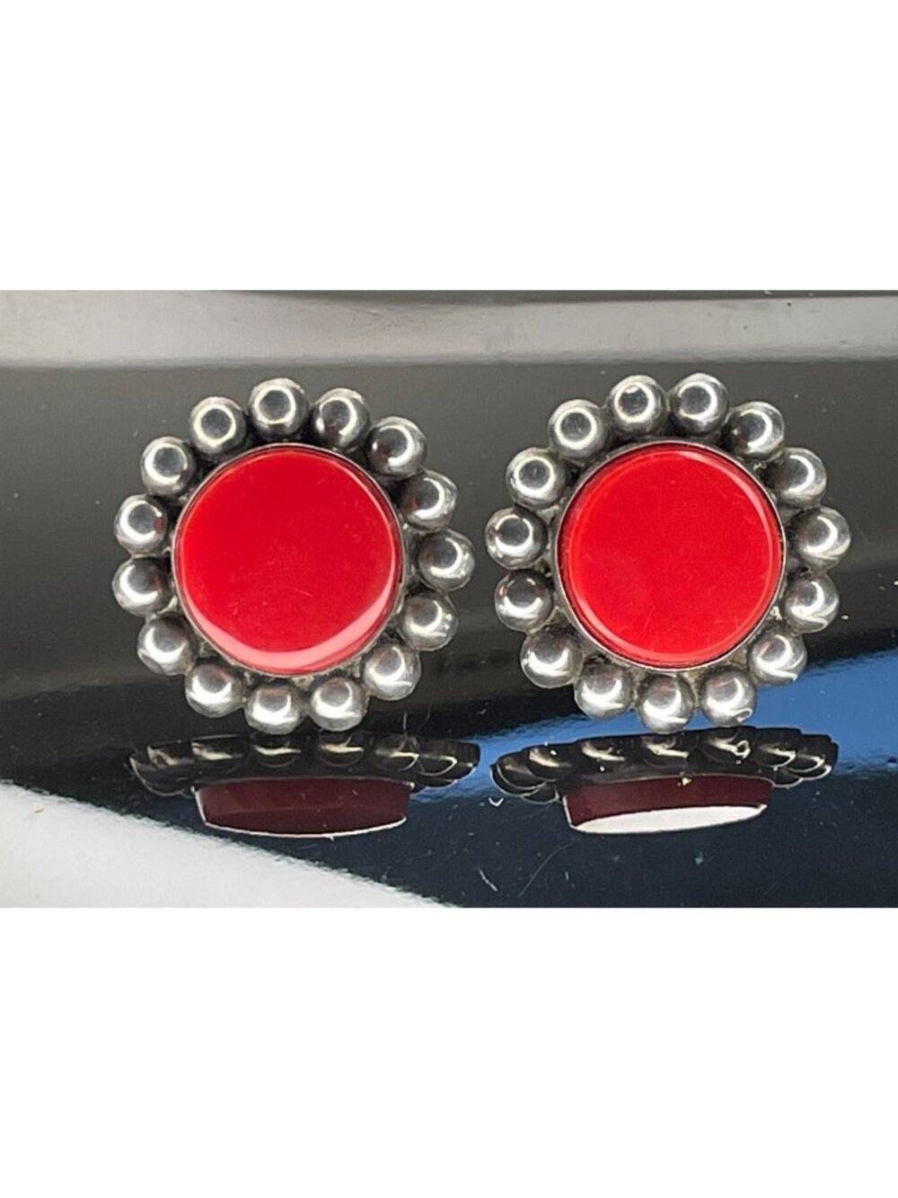 Vintage Mid-Century Mexican Sterling Silver Red Glass Screw Back Earrings 1.4" E
